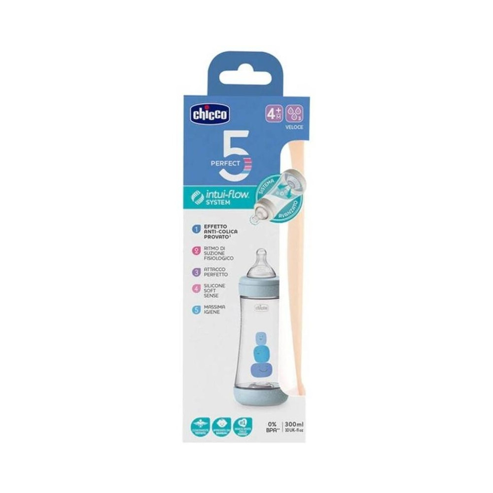 Chicco Biberón Perfect5 4+ Meses Silicona Azul, 300 Ml