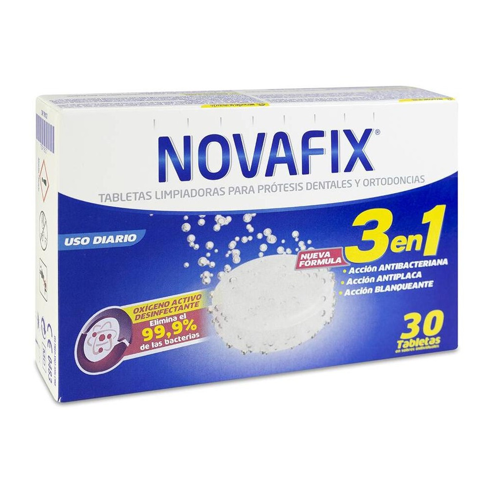 Novafix Tabletas Limpiadoras Prótesis Dental Antibacterianas 3 En 1, 30 Unidades