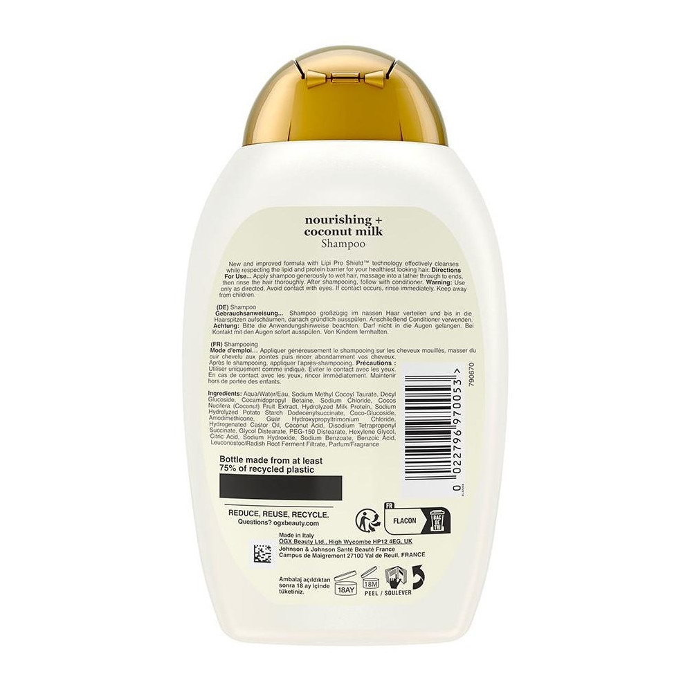Ogx Champú Leche De Coco Libre De Parabenos, Pelo Seco, Hidratación Y Elasticidad 385 Ml