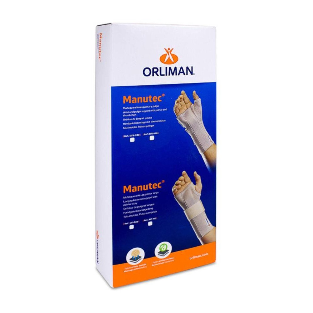 Orliman Muñequera Elástica Abierta Larga Con Férula Palmar Y Pulgar Mfp-D80 Derecha Talla 2 15-17 Cm, 1 Unidad