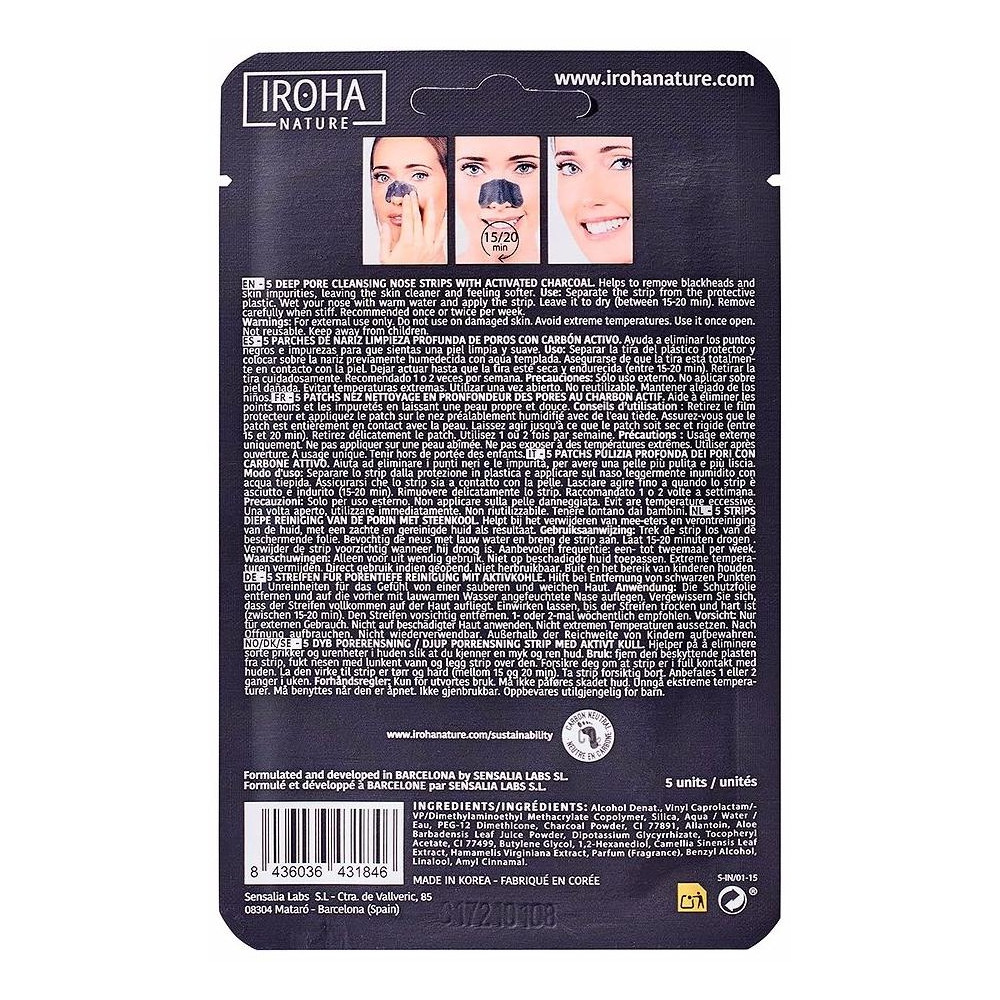 Iroha Nature Tiras Nariz Puntos Negros Carbón 5Uds